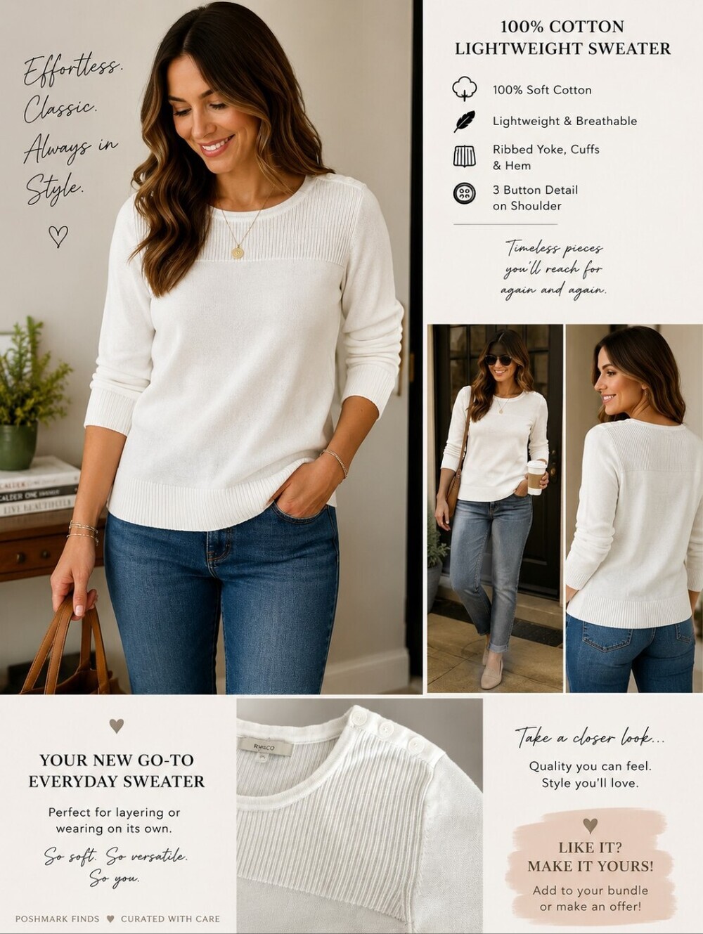 100% Cotton RW&CO. White Crewneck Ribbed Yoke Capsule Wardrobe Sweater